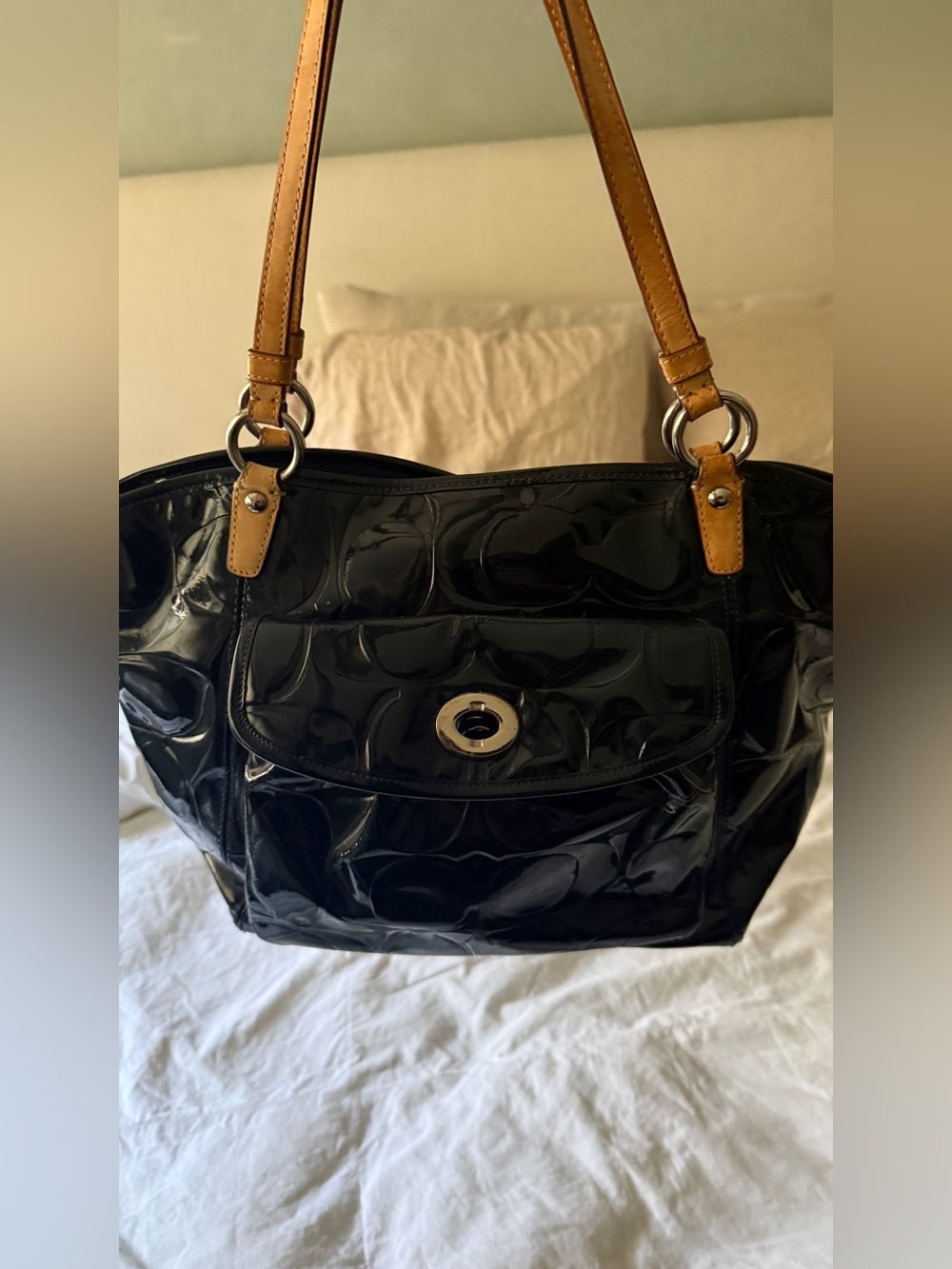 Coach dark blue Patent Tote with Tan Leather Straps